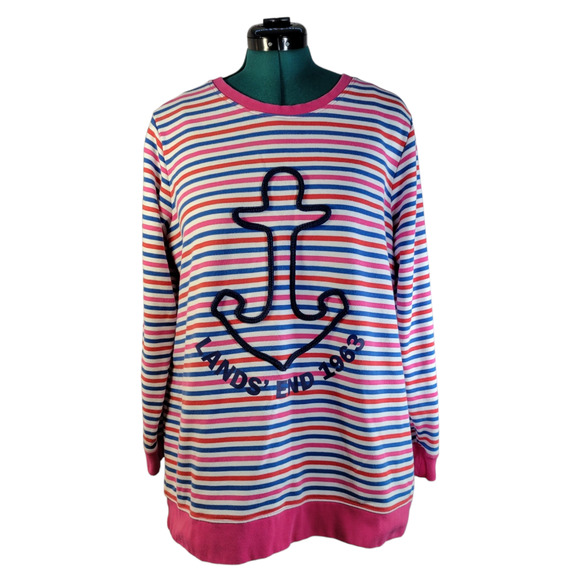 Lands End Serious Sweats Pink‎ Blue Striped Anchor Sweatshirt Pullover 1X - Picture 1 of 11
